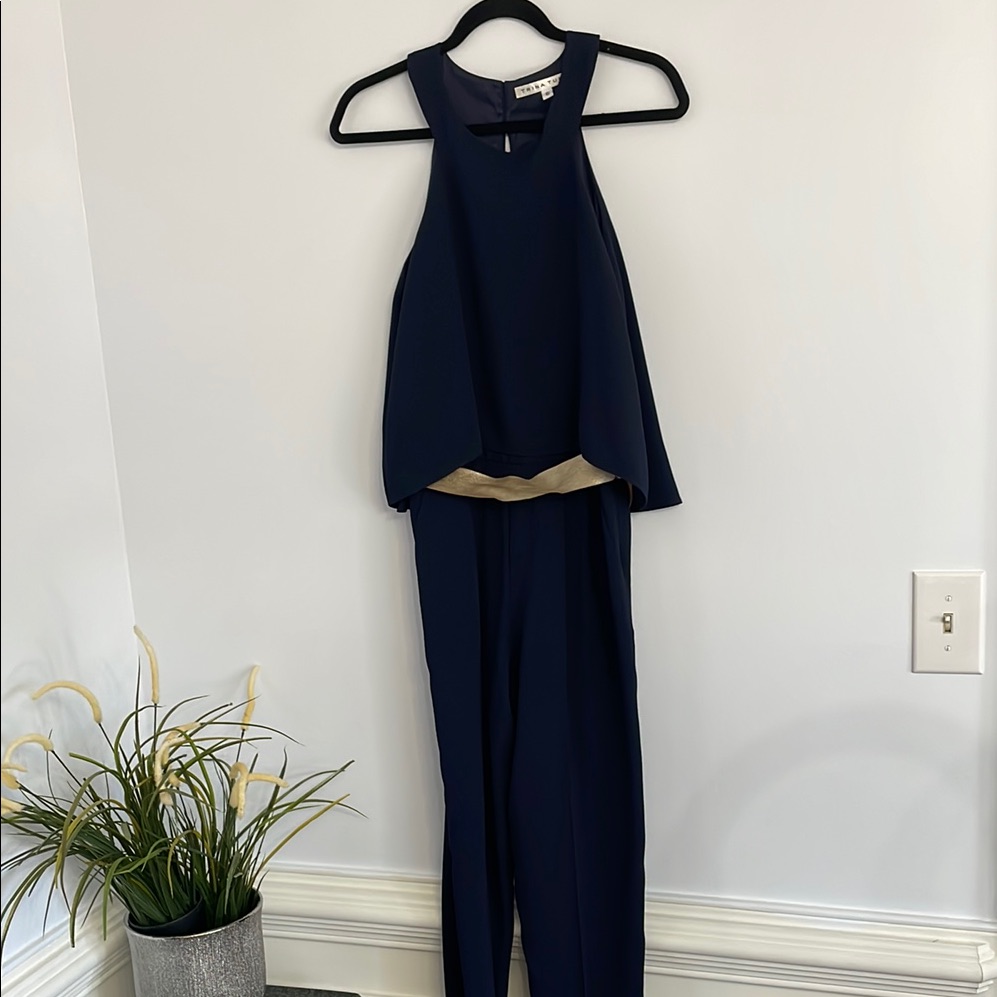 Trina Turk Navy Blue Sleeveless Flowing Top Pockets Pant Jumpsuit 6